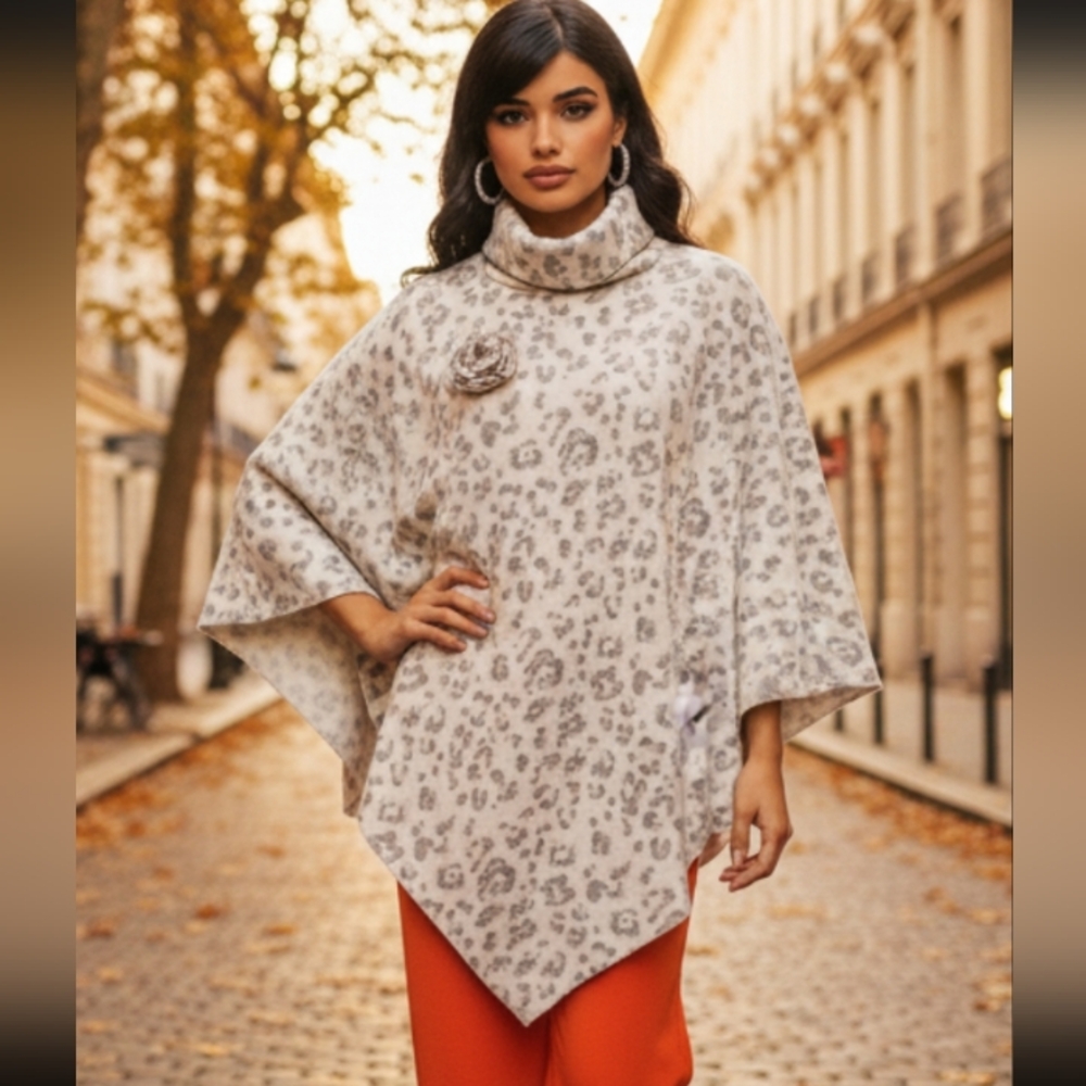 Handmade Shawl Cowl Fleece Poncho Turtleneck Blanket Leopard Print